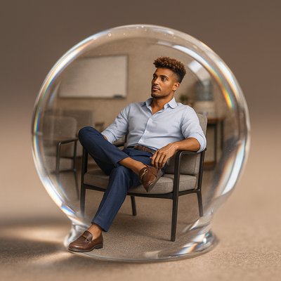 a man sitting in a chair in a bubble
