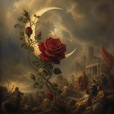 a rose entwined with a crescent moon, clean balanced composition on a plain background, no text