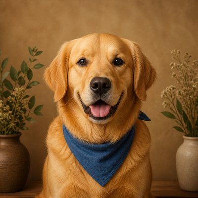 portrait of a golden retriever wearing a blue bandana, warm plain backdrop, no text