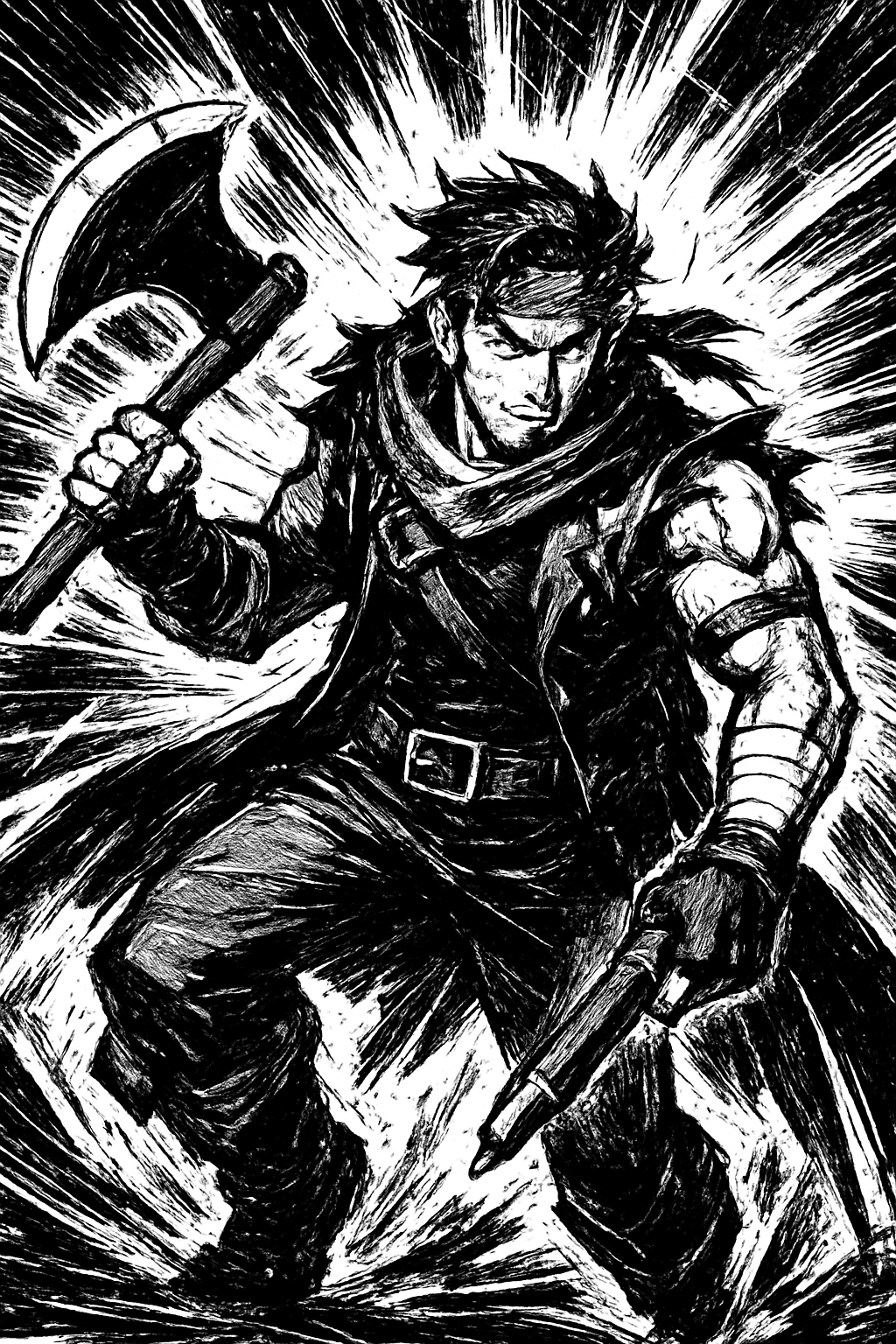 a drawing of a man with an axe