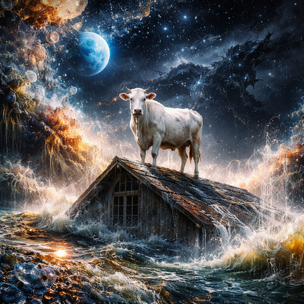a majestic white cow with soulful eyes stands triumphantly elevated on the slanted, half-submerged rooftop of an old wooden cotton house during an apocalyptic flood, rising chaotic waters swirling violently below like judgment waves from a forgotten deluge. The cow is perfectly balanced and serene amid destruction, symbolizing unexpected divine deliverance from the hangman and chaos. In the stormy, star-filled sky behind, a faint glowing blue Neptune planet hovers near the shadowy, jagged silhouette of Cetus the sea monster constellation lurking in the cosmic void. Moody blues, grungy textures, toxic neon glows on the water, ethereal decay, high contrast dramatic lighting, cinematic wide shot, cyber-grunge atmosphere, intricate details on the cow's fur and the crumbling roof, sense of prophetic hope piercing the darkness