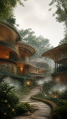 a mysterious forest path with fireflies and drifting mist, atmospheric vertical composition with open space at the top, no text