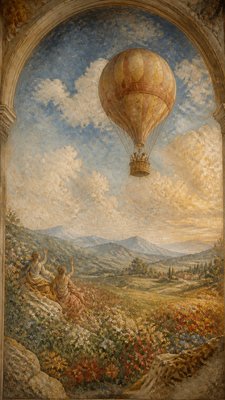 a hot air balloon drifting over rolling flower fields on a sunny day, cheerful, no text