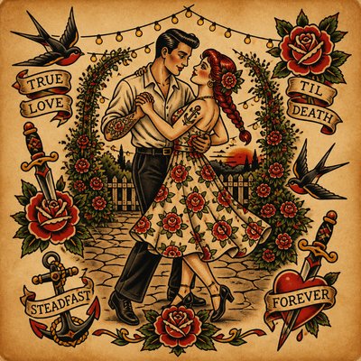 an original couple dancing under string lights in a garden at dusk: a man with short black hair in a linen shirt and a woman with braided red hair in a summer dress