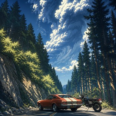 a painting of a motorcycle and a car on a road