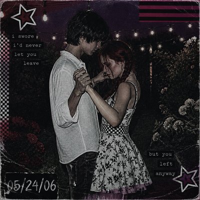 an original couple dancing under string lights in a garden at dusk: a man with short black hair in a linen shirt and a woman with braided red hair in a summer dress