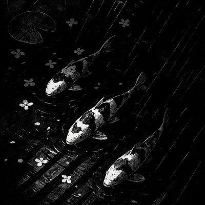 A koi pond seen from above, orange and white koi fish swimming among lily pads, clear water with subtle ripples, fallen cherry blossom petals floating on the surface, dappled sunlight