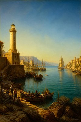 Marine painting in the style of Ivan Aivazovsky, early 18th-century Mediterranean harbor scene, bright sunny day with a clear blue sky and no clouds, calm sea, majestic lighthouse on the left bank, numerous fishing schooners with furled sails in the middle of the harbor, small fishing village on the right, one schooner with full sails heading out to sea, highly detailed, dramatic lighting, oil on canvas texture, masterpiece, 18th-century maritime atmosphere.
