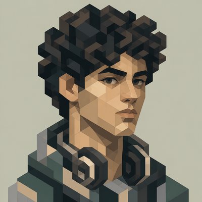 head-and-shoulders portrait of an original character: a young man with curly dark hair and headphones around his neck, plain backdrop, no text