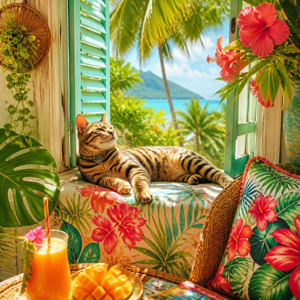 a cat lounging in a sunlit window — Tropicalcore Aesthetic