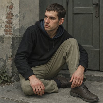 a man sitting on the ground in front of a door