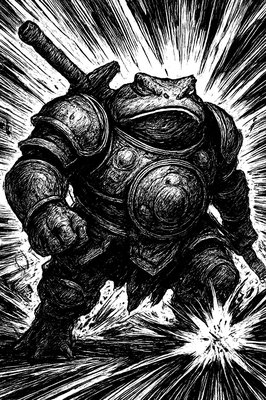 a black and white drawing of a man in armor