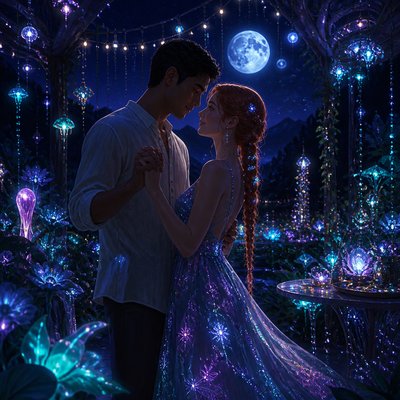 an original couple dancing under string lights in a garden at dusk: a man with short black hair in a linen shirt and a woman with braided red hair in a summer dress