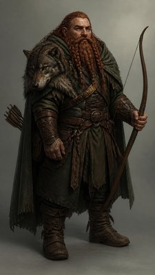 full-body original character: a dwarven ranger with a braided auburn beard, worn leather armor, a longbow and a wolf-pelt cloak, neutral background, no text