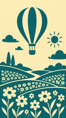 a hot air balloon drifting over rolling flower fields on a sunny day, cheerful, no text