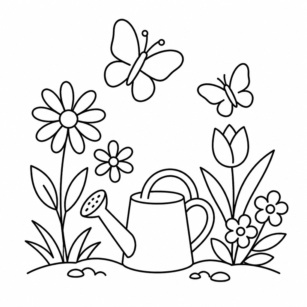 a garden scene with butterflies, flowers and a watering can, clean uncolored line art, no text