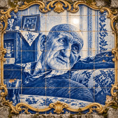 a blue and white tile with a picture of a man