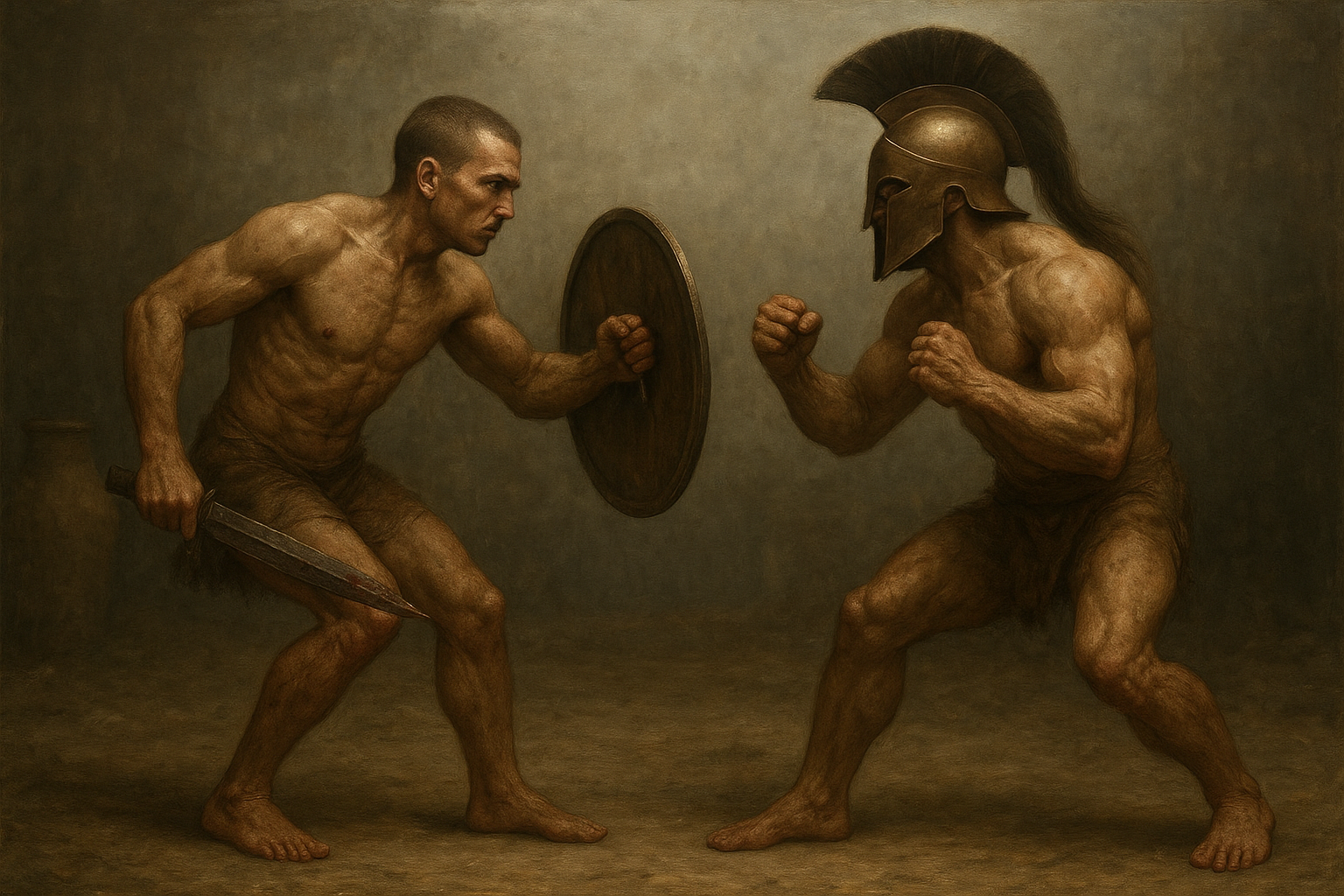 a painting of two men fighting with each other