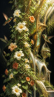 a climbing vine of flowers and hummingbirds on a dark background, tall wrapping composition, no text