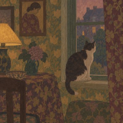 a cat on a windowsill with walls in patterned wallpaper and limited palette in Les Nabis style