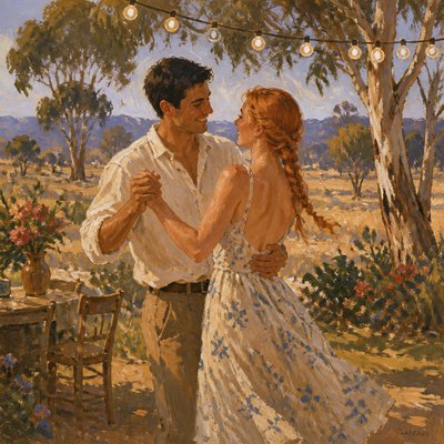 an original couple dancing under string lights in a garden at dusk: a man with short black hair in a linen shirt and a woman with braided red hair in a summer dress