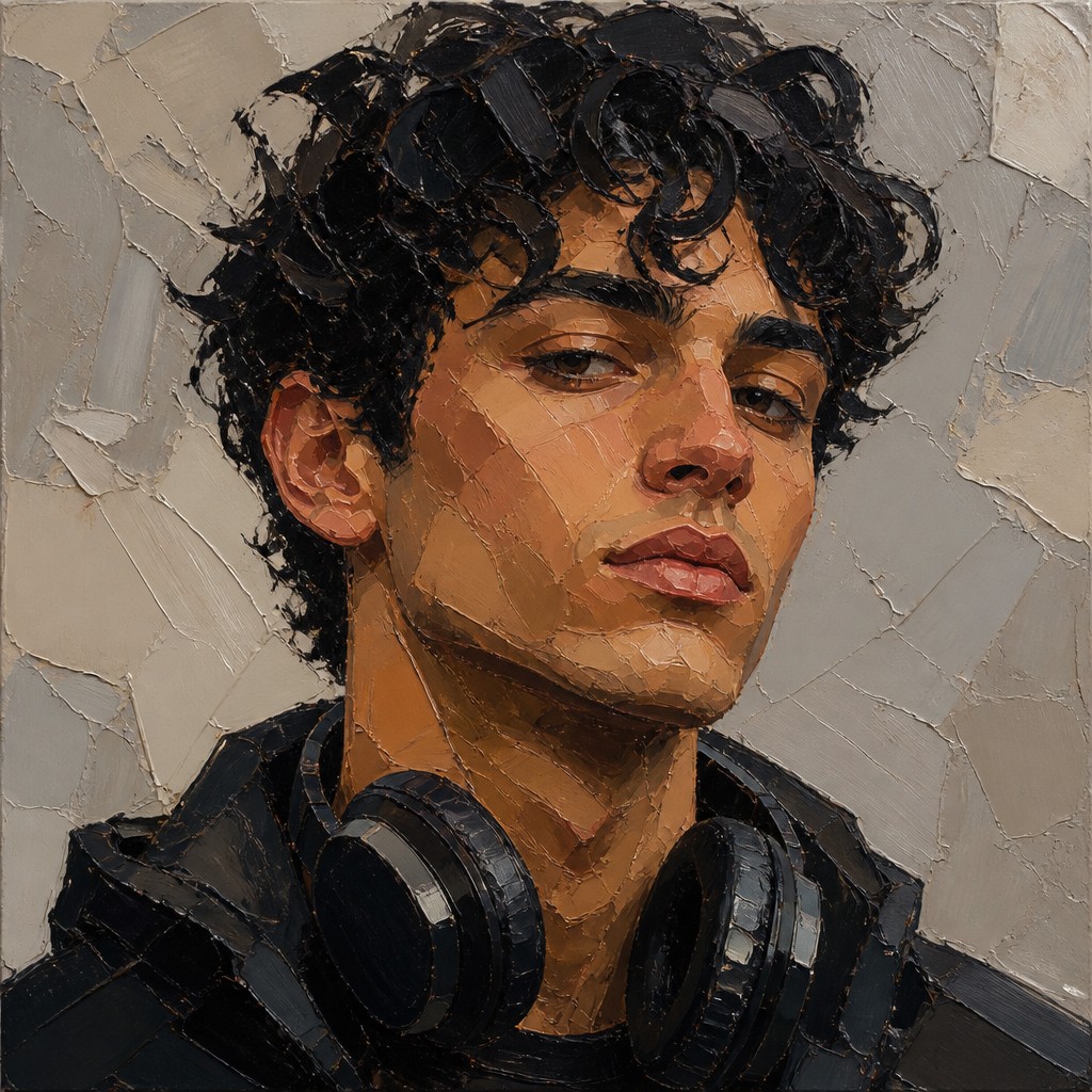 head-and-shoulders portrait of an original character: a young man with curly dark hair and headphones around his neck, plain backdrop, no text