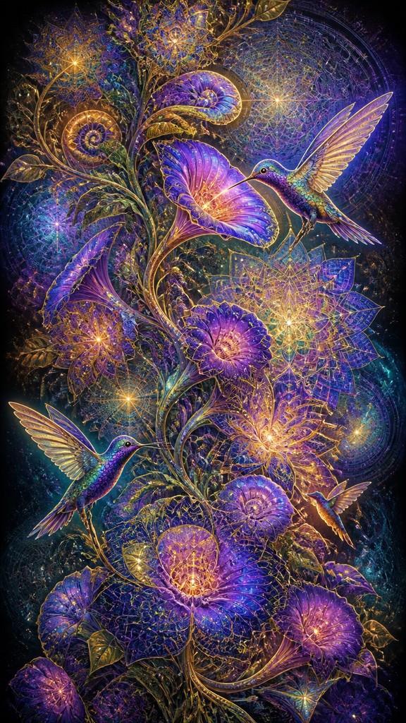 a climbing vine of flowers and hummingbirds on a dark background, tall wrapping composition, no text