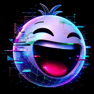 an exaggerated laughing face of an original round mascot character, bold and readable at small size, plain background, no text