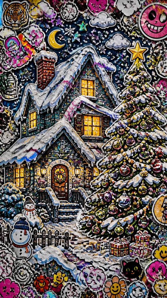 a snow-covered cottage with warm glowing windows beside a decorated pine tree, gentle snowfall, no text