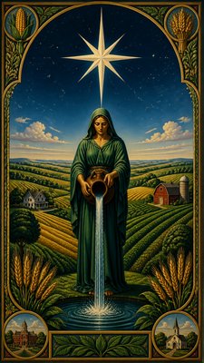 a robed figure pouring water beneath a large eight-pointed star in a night sky, symmetrical composition with an ornate decorative border, no text