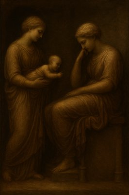 a painting of two women holding a baby