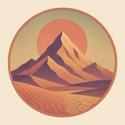 an emblem of a mountain peak inside a circle, simple bold shapes on a plain background, no text or lettering