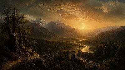 a vast valley with a river winding toward distant mountains at sunrise, no people, no text