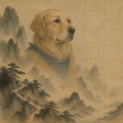 portrait of a golden retriever wearing a blue bandana, warm plain backdrop, no text