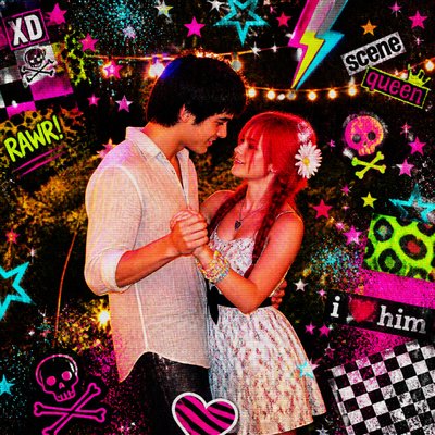 an original couple dancing under string lights in a garden at dusk: a man with short black hair in a linen shirt and a woman with braided red hair in a summer dress