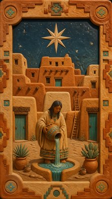 a robed figure pouring water beneath a large eight-pointed star in a night sky, symmetrical composition with an ornate decorative border, no text
