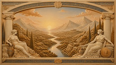 a vast valley with a river winding toward distant mountains at sunrise, no people, no text