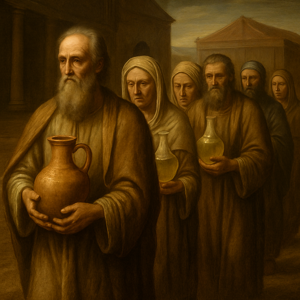 Renaissance Painting Art Style, a solemn and reverent group of ancient Israelites, including elderly men and women, walking purposefully. Each carries beautifully crafted clay jars or alabaster flasks filled with pure, clear, golden oil of pressed olives. The oil shimmers with an ethereal clarity within the translucent vessels. They are making their way along a dusty path in the Tabernacle courtyard, with glimpses of the Tabernacle structure in the background. The light is soft and warm, casting gentle shadows and highlighting the dignified expressions on their faces and the humble, yet sacred, nature of their offering. Focus on the rich textures of their simple linen garments, the liquid clarity and glow of the olive oil, and the devotional atmosphere of their task.