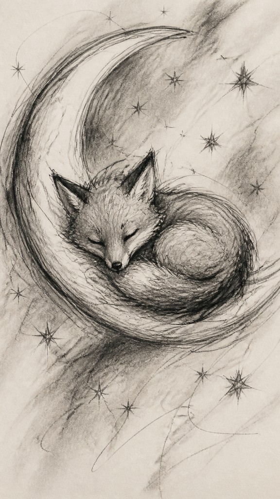 a sleeping baby fox curled on a crescent moon among soft stars, gentle and warm, no text