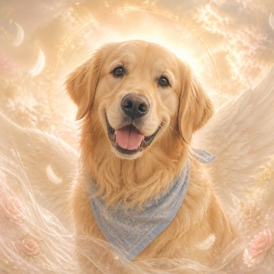 portrait of a golden retriever wearing a blue bandana, warm plain backdrop, no text