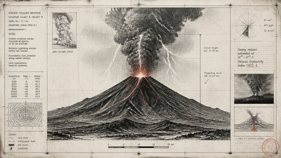 an erupting volcano with lightning strikes, dramatic wide composition, no text