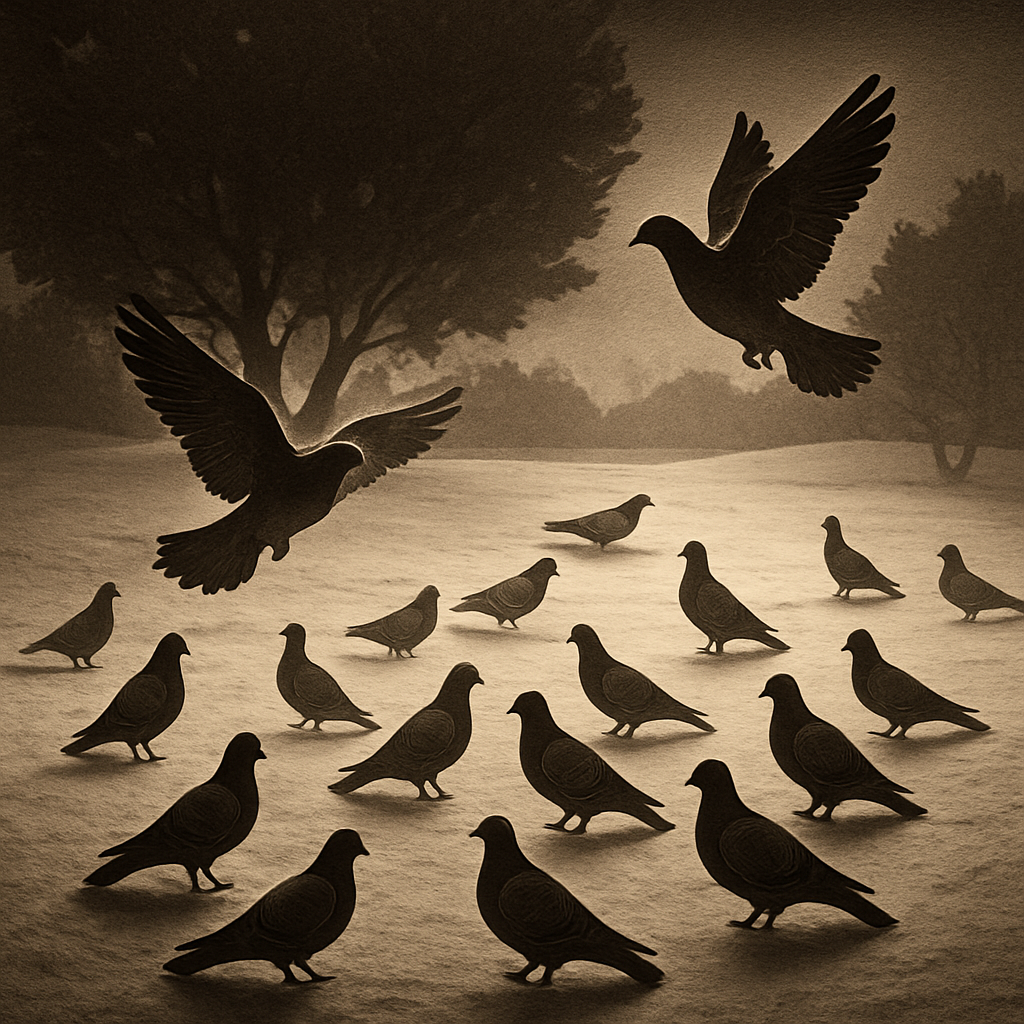 a flock of birds standing on top of a snow covered ground