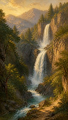 a cascading waterfall in a lush green gorge, no people