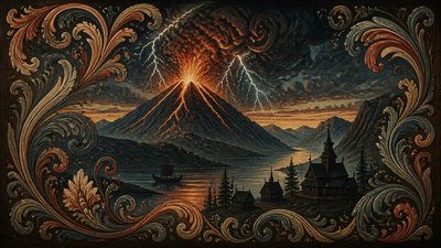 an erupting volcano with lightning strikes, dramatic wide composition, no text