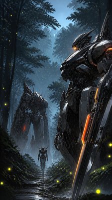a mysterious forest path with fireflies and drifting mist, atmospheric vertical composition with open space at the top, no text