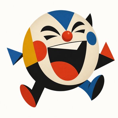an exaggerated laughing face of an original round mascot character, bold and readable at small size, plain background, no text
