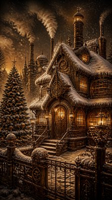 a snow-covered cottage with warm glowing windows beside a decorated pine tree, gentle snowfall, no text