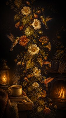a climbing vine of flowers and hummingbirds on a dark background, tall wrapping composition, no text