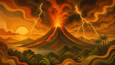 an erupting volcano with lightning strikes, dramatic wide composition, no text