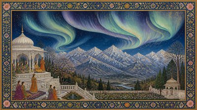 a flowing aurora over snowy peaks, wide sweeping composition, no people, no text